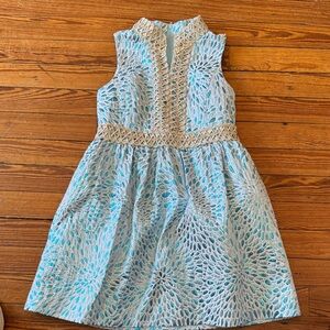 Girls Light Blue Lace Overlay Dress with Gold Trim Lilly Pulitzer